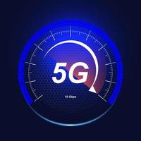 5G wireless network technology. The concept of a digital speed meter with a 5G badge. High-speed Internet. Neon speedometer in futuristic style, isolated on a dark background. vector