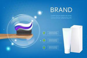 Vector, 3D advertising of whitening toothpaste. A graphic concept for your design. Layout template, tube with packaging. vector