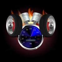 Realistic 3D vector, racing background, speedometer with pistons and wheels on fire. vector