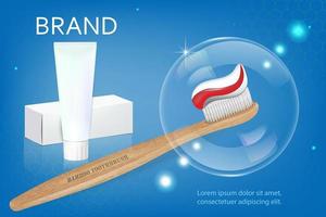 Vector, 3D advertising of whitening toothpaste. A graphic concept for your design. Layout template, tube with packaging. vector