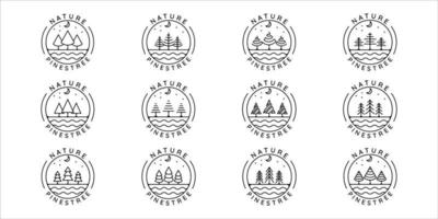 conjunto de pinos árbol logo línea arte simple vector ilustración plantilla icono diseño gráfico. colección de paquetes de varios símbolos de pino de forma minimalista de la naturaleza con placa y estilo tipográfico