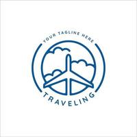 airplane travel logo line art vector illustration template icon graphic design. plane in the sky with cloud symbol  with circle badge and typography style