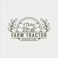 farm tractor logo line art vintage vector illustration template icon graphic design. agriculture landscape view with badge retro