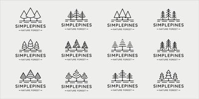 conjunto de pinos árbol logo línea arte simple vector ilustración plantilla icono diseño gráfico. colección de paquetes de varios símbolos de pino de forma minimalista de la naturaleza
