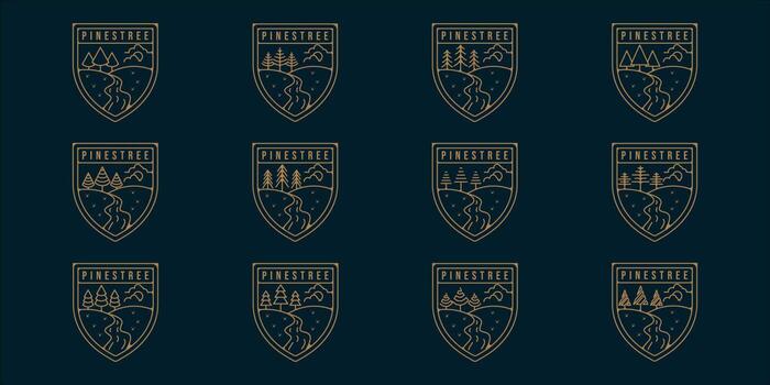 set of pines tree logo line art simple vector illustration template icon graphic design. bundle collection of various minimalist shape pine symbol of nature with badge and typography style
