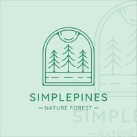 diseño gráfico de icono de plantilla minimalista simple de arte de línea de logotipo de árbol de pinos. símbolo de pino de la naturaleza con placa y tipografía vector