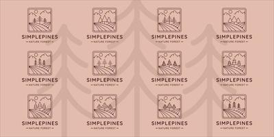 set of pines tree logo line art simple vector illustration template icon graphic design. bundle collection of various minimalist shape pine symbol of nature with badge and typography style