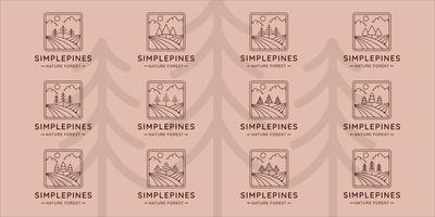 set of pines tree logo line art simple vector illustration template icon graphic design. bundle collection of various minimalist shape pine symbol of nature with badge and typography style