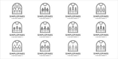 set of pines tree logo line art simple vector illustration template icon graphic design. bundle collection of various minimalist shape pine symbol of nature with badge and typography style