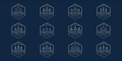 conjunto de pinos árbol logo línea arte simple vector ilustración plantilla icono diseño gráfico. colección de paquetes de varios símbolos de pino de forma minimalista de la naturaleza con placa y estilo tipográfico