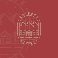 cottage or cabin line art vector logo illustration template icon graphic design. adventure outdoor at mountain forest in night concept minimalist simple badge typography style