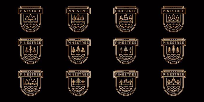 set of pines tree logo line art simple vector illustration template icon graphic design. bundle collection of various minimalist shape pine symbol of nature with badge and typography style