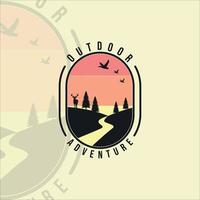 river at nature logo vintage vector illustration template icon graphic design. deer pines and duck at outdoor adventure lake with retro badge and typography