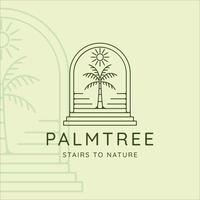 escaleras y palmeras logo línea arte simple minimalista vector ilustración plantilla icono diseño gráfico. puerta abstracta dentro de la naturaleza con rayos de sol en un lugar tropical