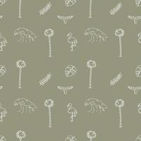 Hand Drawn Vector Seamless Pattern. Waves, Palm Trees, Leaves and Flamingos.