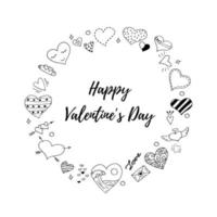 Hand Drawn Heart in the Shape of a Circle and the Inscription HAPPY VALENTINE'S DAY. Outline Vector Illustration.