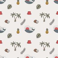 Hand Drawn Vector Seamless Pattern. Waves, Palm Trees, Pineapples, Leaves and Coconuts.