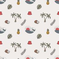 Hand Drawn Vector Seamless Pattern. Waves, Palm Trees, Pineapples, Leaves and Coconuts.