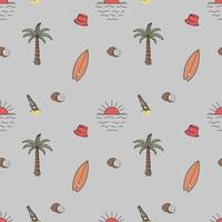 Hand Drawn Vector Seamless Pattern. Surfboards, Hats, Palm Trees and Coconuts.