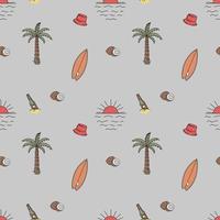 Hand Drawn Vector Seamless Pattern. Surfboards, Hats, Palm Trees and Coconuts.