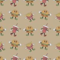 Seamless Pattern With French Fries, Burgers and Soda. Retro Mascot Characters vector