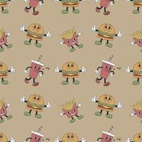 Seamless Pattern With French Fries, Burgers and Soda. Retro Mascot Characters vector