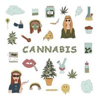 The Concept Of Marijuana. Cannabis Elements. Bush, Pizza,  Hippie,  cupcake, Smiley Face vector