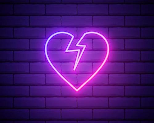 Broken heart neon light icon. Heartbreak glowing sign. Beak up. Vector illustration isolated on brick wall