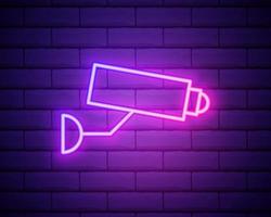Glowing neon line Security camera icon isolated on brick wall background. Colorful outline concept. Vector