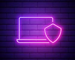 Glowing neon Laptop protected with shield icon isolated on brick wall background. PC security, firewall technology, privacy safety. Vector