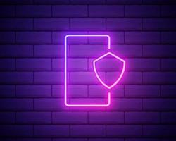 Glowing neon line Smartphone, mobile phone with security shield icon isolated on brick wall background. Security, Security, safety, protection concept. Vector Illustration