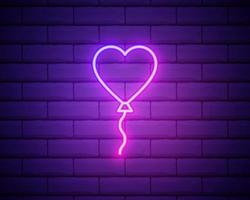 Glowing neon line Balloon in form of heart with ribbon icon isolated on dark brick wall background. Valentines day. Vector