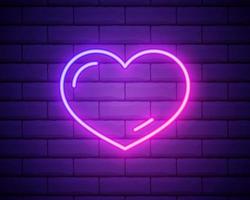 Neon heart. Bright night neon signboard on brick wall background with backlight. Retro pink neon heart sign. Design element for Happy Valentines Day. Night light advertising. Vector illustration.