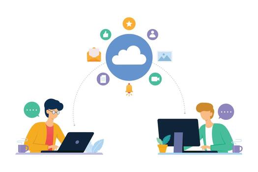 las personas que trabajan con dispositivos se conectan al almacenamiento en la nube vector