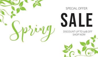 banner de oferta especial de venta de primavera. fondo de temporada de primavera con letras a mano y hojas verdes de primavera para negocios, compras de temporada, promoción y publicidad vector