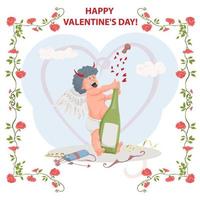 Illustration in a flat style for the Valentines Day holiday in a frame of flowers cupid with wings opens a bottle with a champagne drink vector