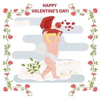 Illustration in a flat style for the Valentines Day holiday in a frame of flowers cupid with wings carries a box with wedding rings vector