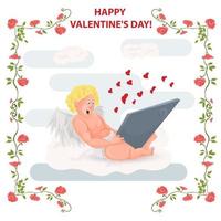 ilustración en un estilo plano para las vacaciones del día de san valentín en un marco de flores cupido con alas se sienta en una nube y lee un mensaje en una computadora portátil vector