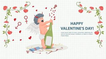 ilustración en un estilo plano para el marco de flores de san valentín cupido con alas abre una botella con una hoja de cuaderno de fondo de bebida en una jaula vector