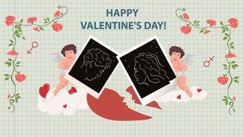 Illustration in a flat style for the Valentines Day holiday a frame of flowers two cupids holding photos with a man and a woman background a notebook sheet in a cage vector