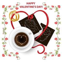 Illustration in a flat style for the Valentines Day holiday a frame of flowers the inscription congratulations a cup of coffee is in the photos and a big heart vector