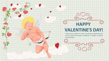 ilustración en un estilo plano para el día de san valentín marco de flores de vacaciones cupido en las nubes con el objetivo de una hoja de cuaderno de fondo de arco en una jaula vector