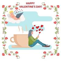 una ilustración de estilo plano para las vacaciones del día de san valentín en un marco de flores, una chica se sienta al lado de una taza de bebida y escribe con cupido en una nube vector