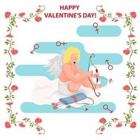 Illustration in a flat style for the Valentines Day holiday in a frame of flowers cupid with wings sits on a cloud and aims a bow vector