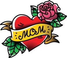 A tattoo with the inscription of Mom. A heart and flower tattoo with a flower. Tattoo in the style of the American old school. Vector flat tattoo. The illustration is isolated on a white background.