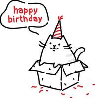 Cartoon funny cat, congratulates on his birthday. Vector flat illustration. The character is isolated on a white background. Kitty in the box. Cat's life. Character for the site and print postcards.