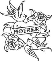 A tattoo with the inscription of Mom. A heart and flower tattoo with a flower. Tattoo in the style of the American old school. Vector flat tattoo. The illustration is isolated on a white background.