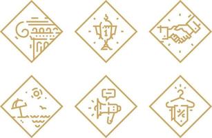 Set of vector icons on different topics. Icons isolated on white background. Cup. The Greek Column. Relax on the beach. Megaphone. Discounts. Handshake. Square outline icons. Accidentally matched.