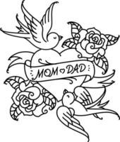 Tattoos with the inscription of Mom and Dad. Two hearts with a flower and a bird. Vector flat tattoo. Congratulation for parents with an anniversary. A tattoo for loving parents.