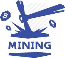 Mining logo, bitcoin mining. Metal pickax extracting crypto currency. Vector logo. Logo for company isolated on white background. Brand of the company. Emblem on the miners.